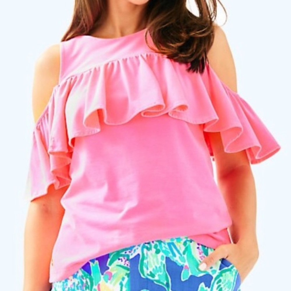Lilly Pulitzer Lyra Top Sz Large plate logo Pink Cold Shoulder Ruffle 🔥Gorgeous!